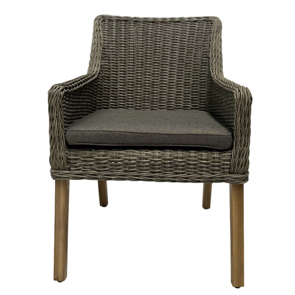 Ponte High Back Wicker & Aluminium Armed Dining Chair with Timber Legs - Grey Wicker