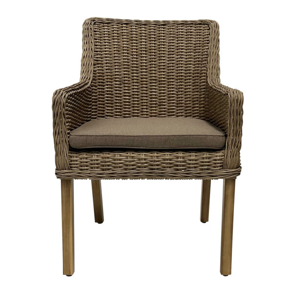 Ponte High Back Wicker & Aluminium Armed Dining Chair with Timber Legs - Weathered Natural Wicker